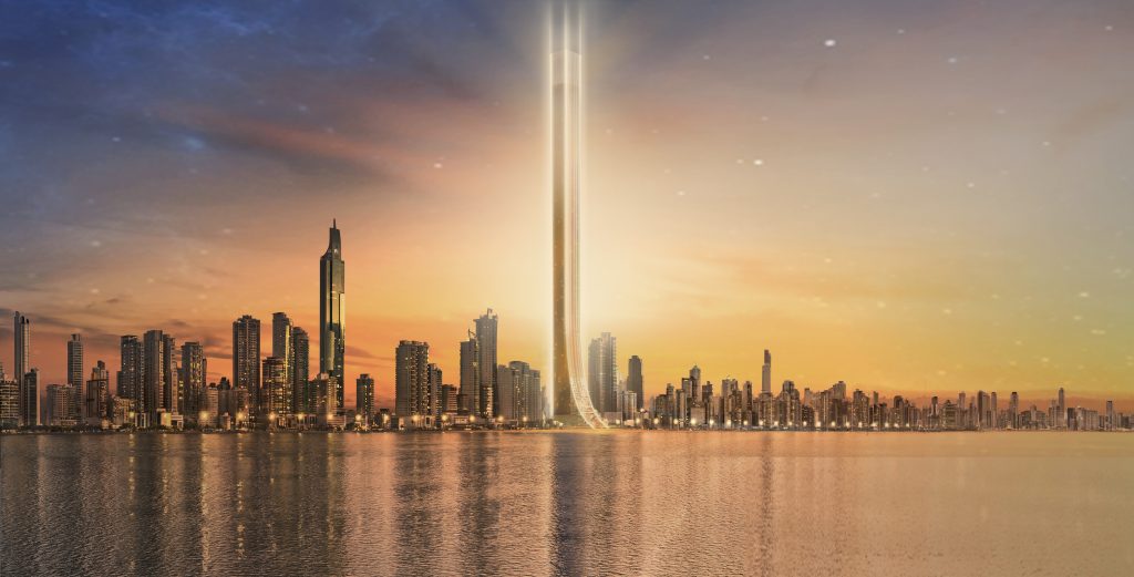 Senna Tower em Balneário Camboriú - Ilustração do maior edifício residencial do mundo com mais de 500 metros de altura, localizado na Barra Sul, cercado por arranha-céus e o pôr do sol ao fundo