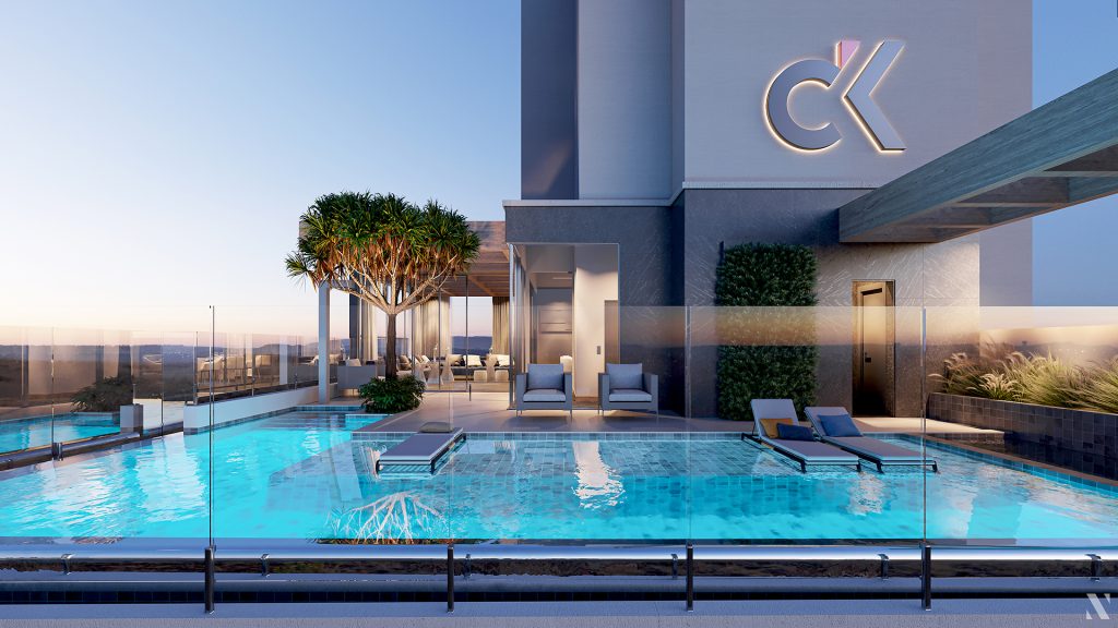 Render de área de piscina em rooftop com espreguiçadeiras, lounge e guarda-corpo de vidro, logotipo CK na parede ao fundo