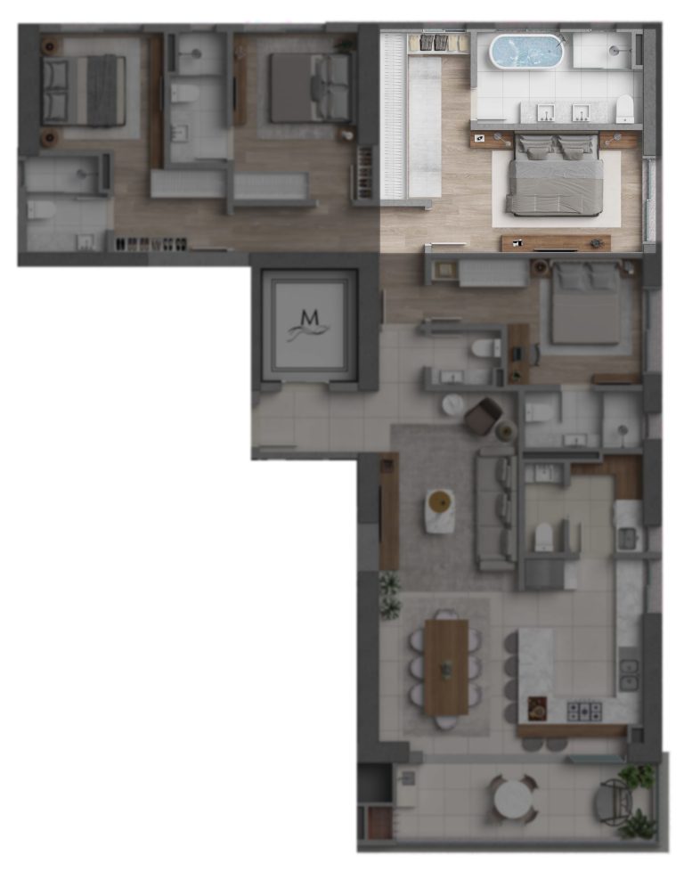Planta humanizada de apartamento tipo A destacando a suíte master com banheiro, closet e varanda integrada, junto à sala de estar, cozinha e demais dormitórios.