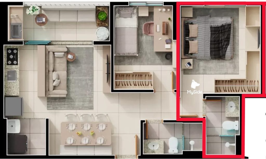 Planta humanizada de apartamento com varanda, sala de estar integrada à cozinha e área de jantar; suíte master destacada em borda vermelha, exibindo cama de casal, closet em L ao redor do quarto e banheiro privativo com bancada e box separados, ao lado de banheiro social.