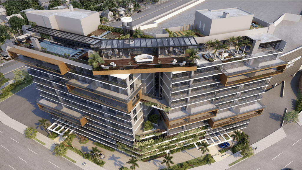 Render arquitetônico de edifício contemporâneo com piscina, lounge e terraços ajardinados no rooftop